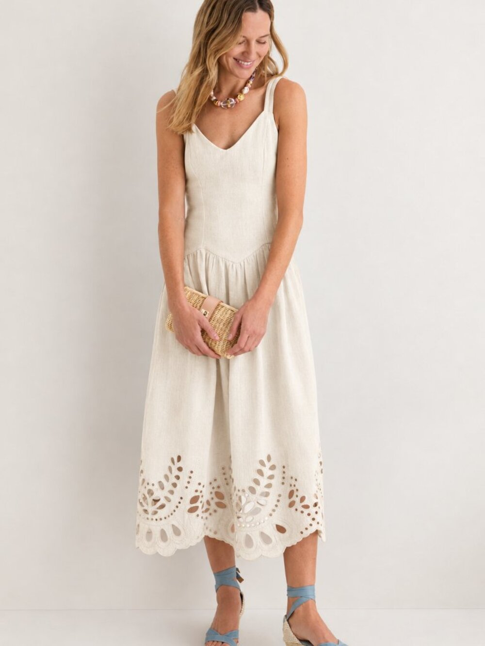 Moon River Cream V-neck eyelet detail midi dress